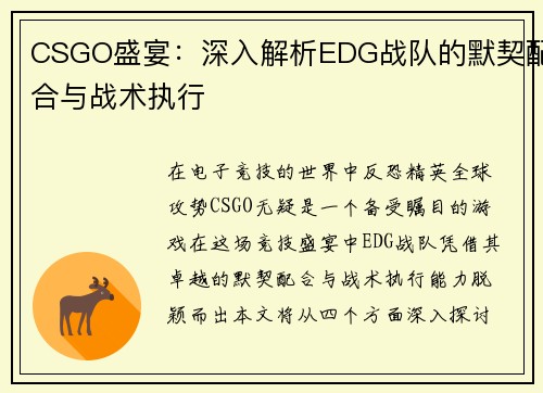 CSGO盛宴：深入解析EDG战队的默契配合与战术执行